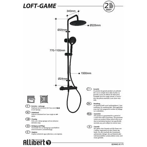 ALLIBERT Colonne De Douche LOFT-GAME - Pommeau De Tête Diamètre 23,8 Cm - Anticalcaire - Ajustable En Hauteur - Noir – Image 3