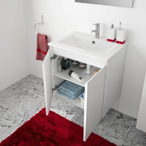ALLIBERT Meuble De Salle De Bain LIVO 2 Portes 60 Cm Avec éclairage LED 6 W Et Miroir Blanc Brillant - Blanc – Image 3