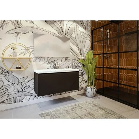 ALLIBERT Meuble De Salle De Bain NORDIK Noir Ultra Mat 100 Cm + Plan Vasque STYLE - Noir – Image 2