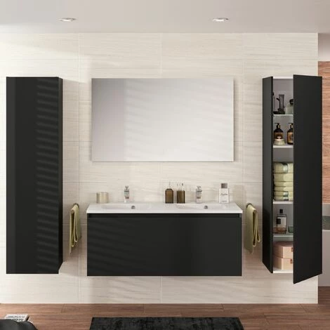 ALLIBERT Meuble De Salle De Bain NORDIK Noir Ultra Mat 120 Cm + Plan Vasque STYLE + Miroir DEKO 120x60 Cm + Colonne - Noir – Image 2