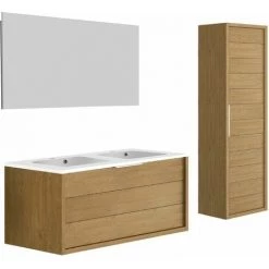 ALLIBERT Meuble De Salle De Bain SORENTO Couleur Chêne Clair 120cm + Plan Double Vasque STYLE + Miroir Et Colonne - Chêne Kendal Huilé