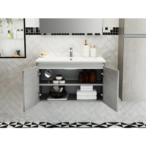 ALLIBERT Meuble Sous-vasque 80 Cm 2 Portes PESARO Béton Chicago - Béton Chicago – Image 4